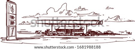 Gas Station Sketch Illustration. Filling Station