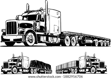 American Truck with Flatbed Trailer. Black and White vector illustration