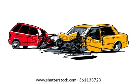 two cars involved in a car wreck. comic style illustration isolated on a white background