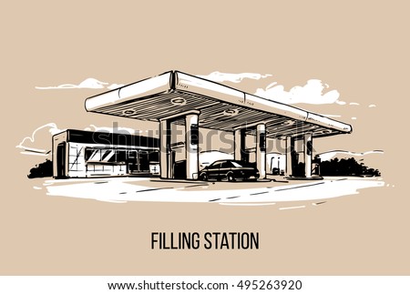 Filling station. Hand drawn illustration