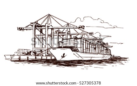 Quay Cranes and Big Containership Hand drawn sketch