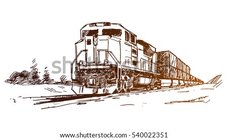 Diesel train with cargo containers. Hand drawn sketch