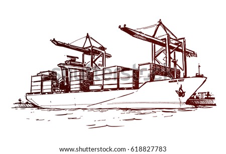 Cargo ship in a port. Hand drawn sketch illustration