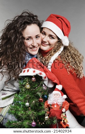 two smiley friends near little christmas tree and santa over grey background