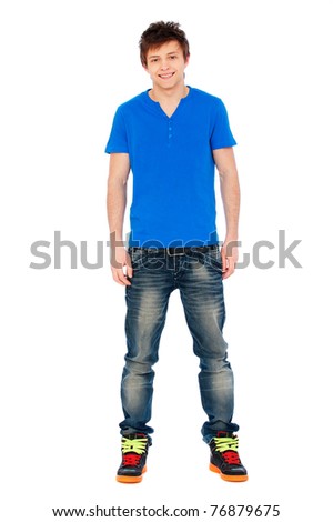 Smiley Guy In Blue T-Shirt And Jeans. Isolated On White Background ...