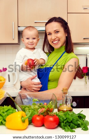 smiley mother and her son at the kitchen