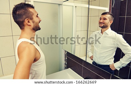 Similar – Image, Stock Photo Fancy man reflecting in mirror on ground