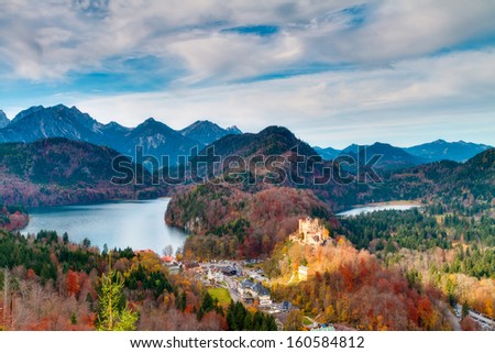 Beautiful Landscape Picture of Hohenschwangau in Autumn, Castle for the Kings of Bavaria near Munich, Germany. Picture was taken in Fall October