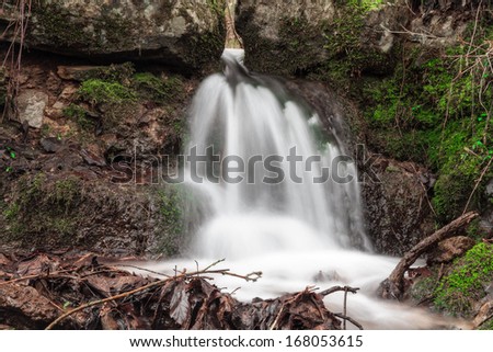 Forrest Waterfall. Red leaves on the ground, barren trees, little creek running through the woods in Bavaria, Germany