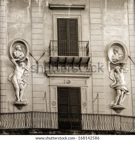 Ancient Classical House Facade  in Palermo City in Sicily, Italy, shot from the public space