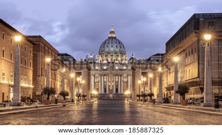 Fantastic St. Peter's Basilica in the Vatican of Rome / Italy. Beautiful Light at the Blue Hour before Sunrise. Famous Landmark and Travel Spot in Europe