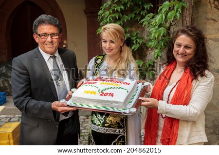 BAMBERG, GERMANY - JULY 14 2014: 20 Year Anniversary Celebration of the Migration and Integration Advisory Board of Bamberg. Anniversary Cake