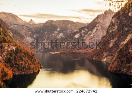 View on Saint Bartholomew at the sea of Kings in Berchtesgaden. Lovely Autumn Picture from the Alps in Bavaria, Germany