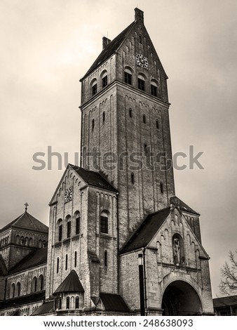 Medieval Heart Jesus Tower Church in Singen, Germany. Vintage Black and White Sepia