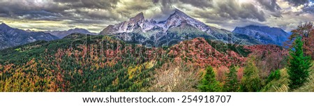 Hiking in the Berchtesgaden Country of Bavaria, Germany near the Watzmann Mountain in Autumn. Panorama HDR Picture. View from the Gruenstein