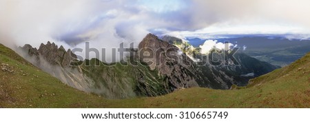 Austrian Mountain Panorama. Lovely evening high mountain landscape with sheeps in the Karwendel Mountain Range of Tyrol, Austria near Seefeld on a warm August late summer Evening