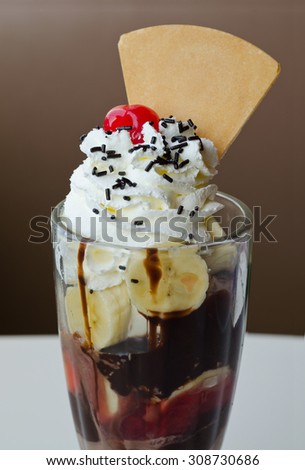 ice cream sundae with cherry and banana topping
