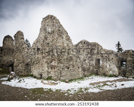 Image of ruin Hohenfreyberg on a winter day with mist and mystical mood