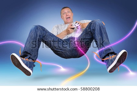 Unreal gamer with gamepad, color electric discharge around