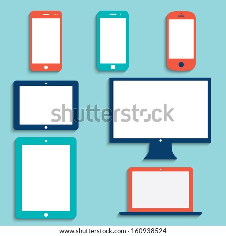 electronic devices with white blank screens in color. smartphones, tablets, computer monitor, netbook. vector eps10