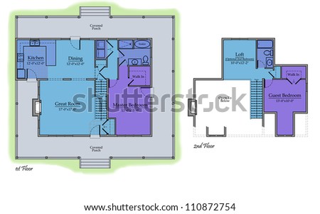 Country House Floor Plan with Color Room Names and Landscape