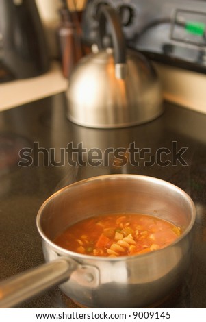 A horizontal view of vegetable soup cooking in a pot on a glass top stove.