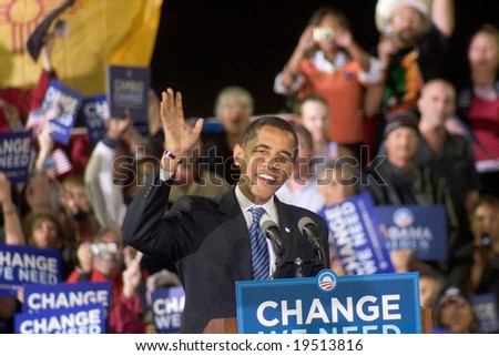 NEW MEXICO - OCTOBER 25: U.S. Presidential candidate, Barack Obama, gestures as he speaks at his presidential rally at the University of New Mexico on October 25, 2008 in Albuquerque, New Mexico.