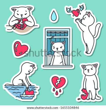 Set of cute stickers. Doodle illustration of sad heartbroken cats. Isolated objects. Vector 8 EPS