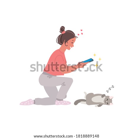 Cat photographer. Portrait of a kneeling girl taking photo of a cute sleeping cat. Vector 10 EPS.