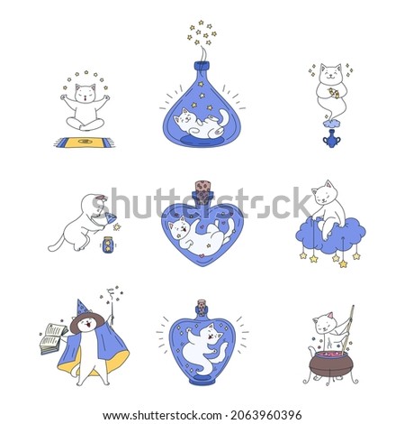 Collection of magic kitties. Illustrations of cute white cats sitting in magic bottles, casting spells, making magic potion ets. Vector illustration 10 EPS.