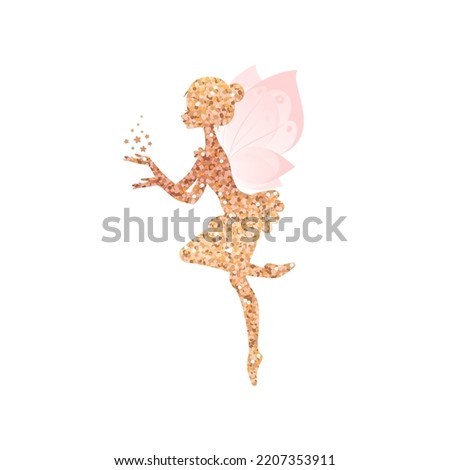 Gold sparkling fairy silhouette. Illustration of a ballet dancing fairy in the cartoon style isolated on a white background. Vector 10 EPS.