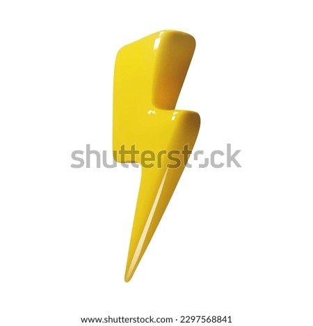 3D lightning bolt icon. Realistic illustration of a yellow lightning sign in plastic cartoon style isolated on a white background. Vector 10 EPS.