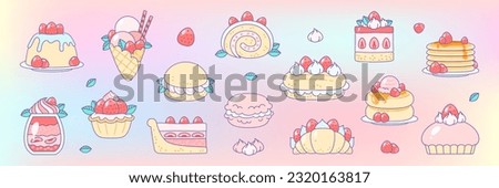 Set of strawberry desserts. Flat cartoon illustration of summer berry desserts like pancakes, macaroon, croissant, ice cream, panna cotta etc. on a rainbow pastel background. Vector 10 EPS.