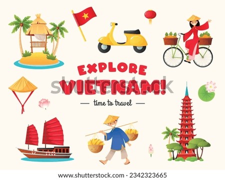 Explore Vietnam! Cartoon illustrations of people, rice terraces, Tran Quoc Pagoda, lotus lake, a scooter ets. isolated on a white background. Tourism and travel concept. Vector 10 EPS.