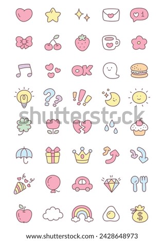 Kawaii icon set. Collection of cute hand drawn stickers isolated on a white background. Vector 10 EPS.