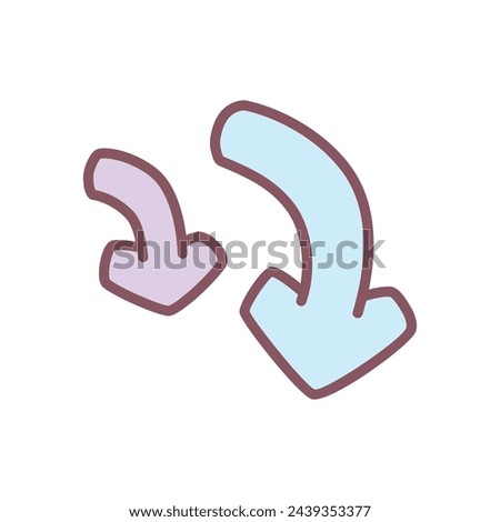 Cute arrow icon. Hand drawn illustration of two downward pointing blue arrows isolated on a white background. Kawaii sticker. Vector 10 EPS.
