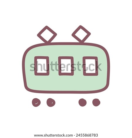 Cute tramway icon. Hand drawn illustration of a green tram streetcar wagon isolated on a white background. Kawaii sticker. Vector 10 EPS.