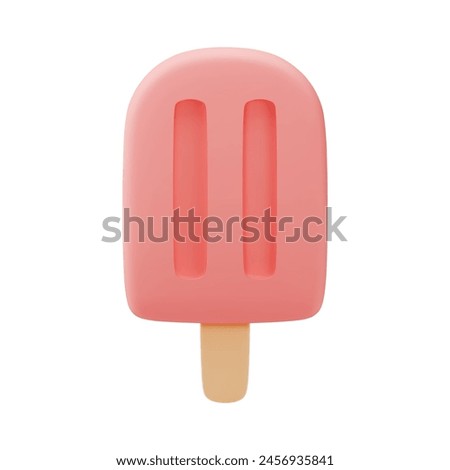 3D ice cream icon. Realistic illustration of a pink ice cream popsicle in a plastic cartoon style isolated on a white background. Vector 10 EPS.