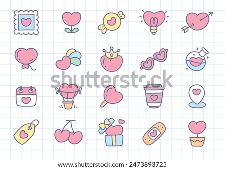 Kawaii St. Valentine day icon set. Collection of cute hand drawn stickers with hearts (calendar, crown, cherry, gift box, coffee cup etc.) on a checkered background. Vector 10 EPS.