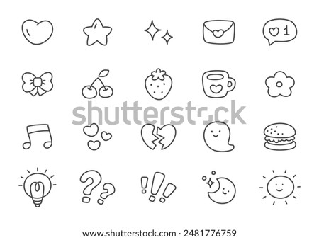 Kawaii icon set. Collection of cute hand drawn monochrome stickers isolated on a white background. Vector 10 EPS.