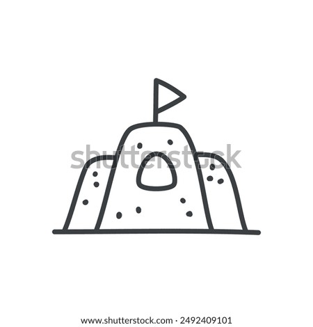 Cute sand castle icon. Hand drawn monochrome illustration of a sand building construction isolated on a white background. Kawaii sticker. Vector 10 EPS.