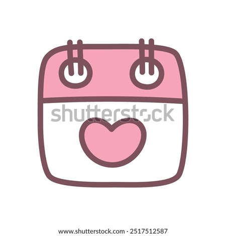 Cute calendar icon. Hand drawn illustration of a organizer with pink heart isolated on a white background. Kawaii St. Valentine day sticker. Vector 10 EPS.