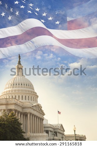 The US Capitol building with a waving American flag superimposed on the sky