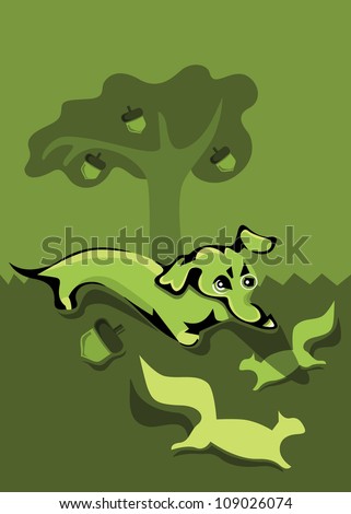 A stylized image of a miniature dachshund chasing squirrels under an oak tree.