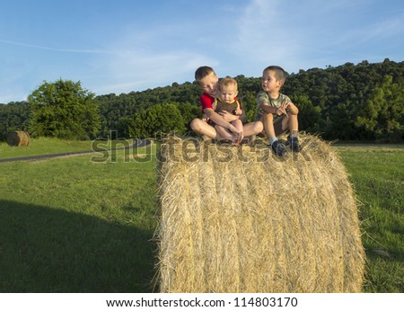 Three children on the roll of hay in the meadow