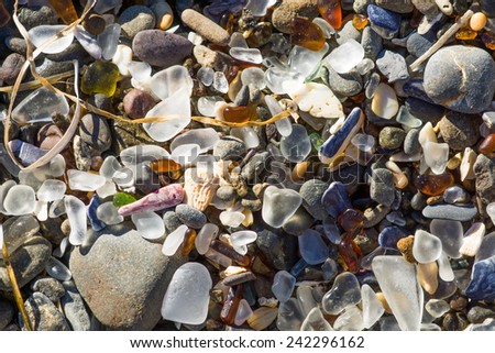 Ocean polished glass shards and stones. Glass Beach in the MacKerricher State Park (California, USA)