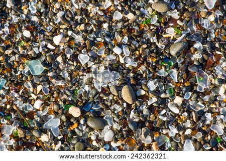 Ocean polished glass shards and stones. Glass Beach in the MacKerricher State Park (California, USA)