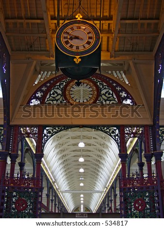 The clock and the ceiling of one hall, Smithfield meat market