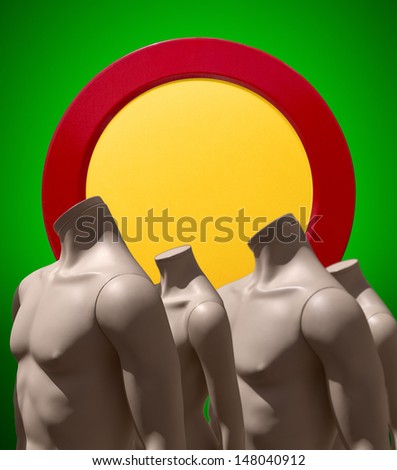 Symbols for sales, deals and discounts with mannequins in green background