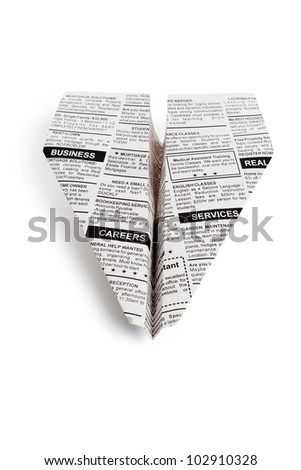 Newspaper Airplane, Classified Ad, business concept.